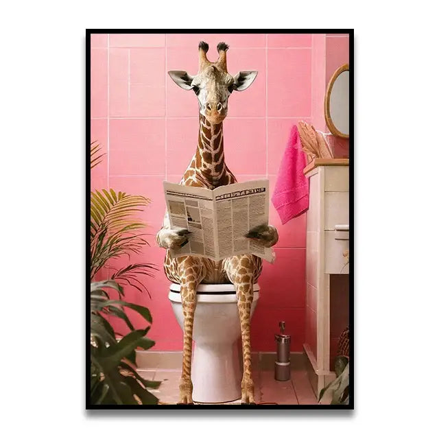 Decorbites™ funny cat bathroom wall art print featuring a giraffe on a white toilet in a pink tiled bathroom