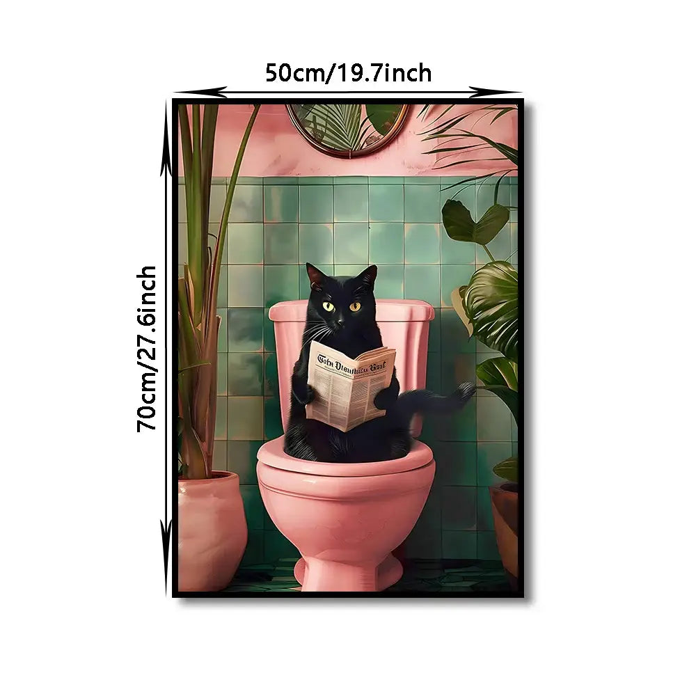 A framed DecorBites™ wall art print of a black cat on a pink toilet reading newspaper in green tiled bathroom