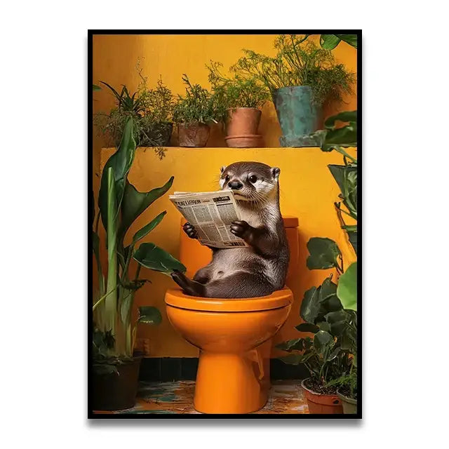 Framed DecorBites™ funny cat bathroom wall art print featuring cartoon otter on orange toilet with plants on yellow wall