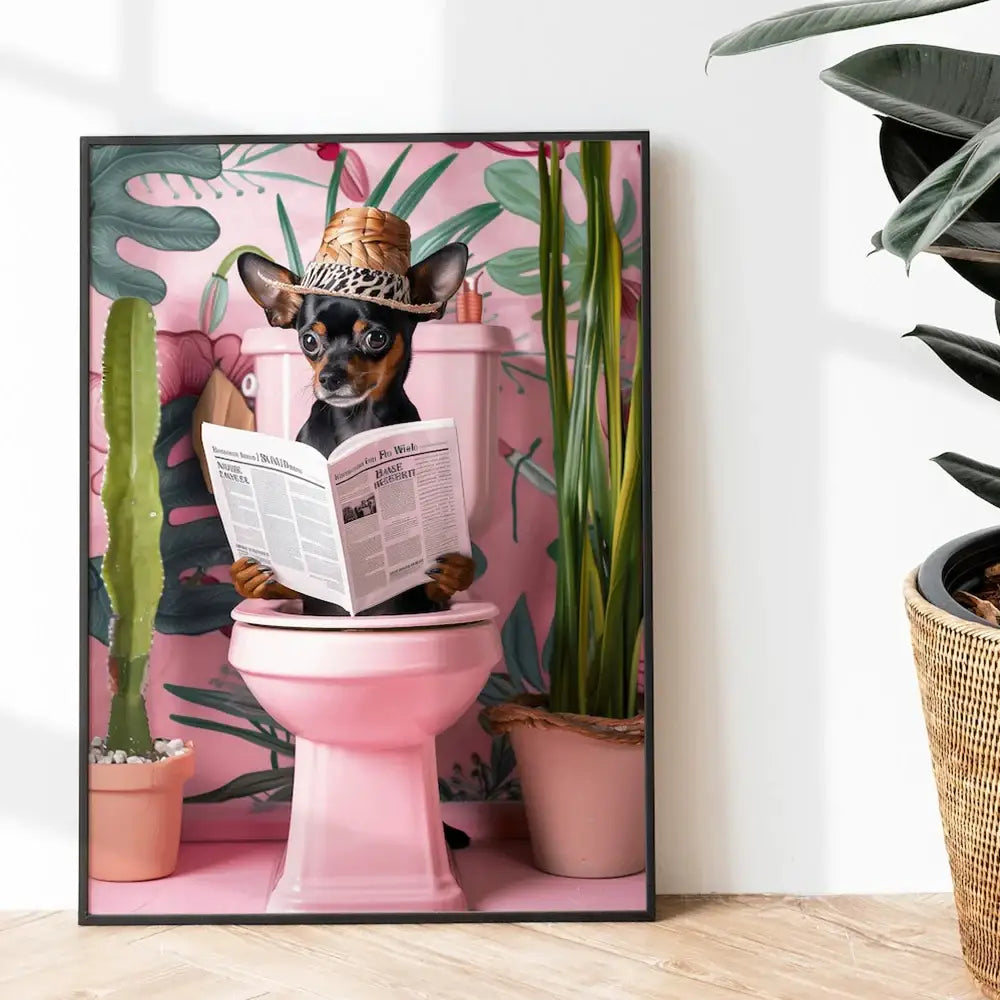 Decorbites™ funny cat bathroom wall art print featuring a pink ceramic toilet with a dog in a straw hat reading newspaper