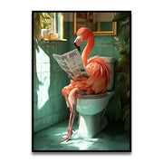 DecorBites™ funny cat bathroom wall art print featuring a vibrant pink flamingo perched on a toilet reading newspaper