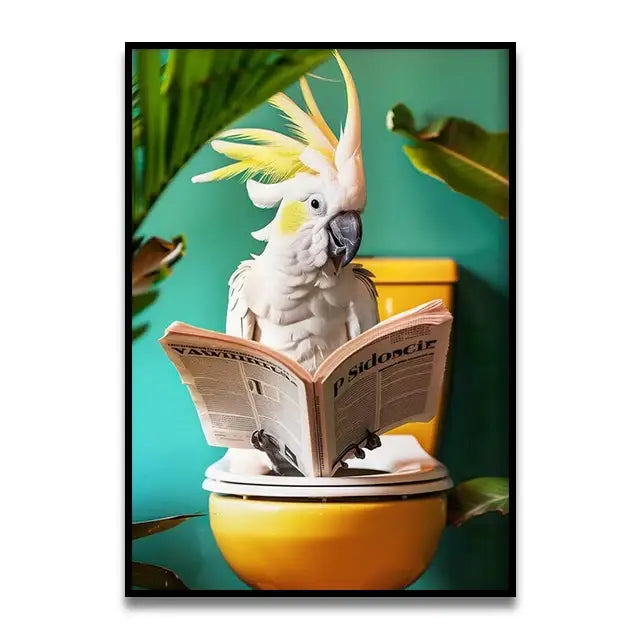 DecorBites™ funny cat bathroom wall art print featuring a vibrant yellow cockatoo holding newspaper on toilet lid