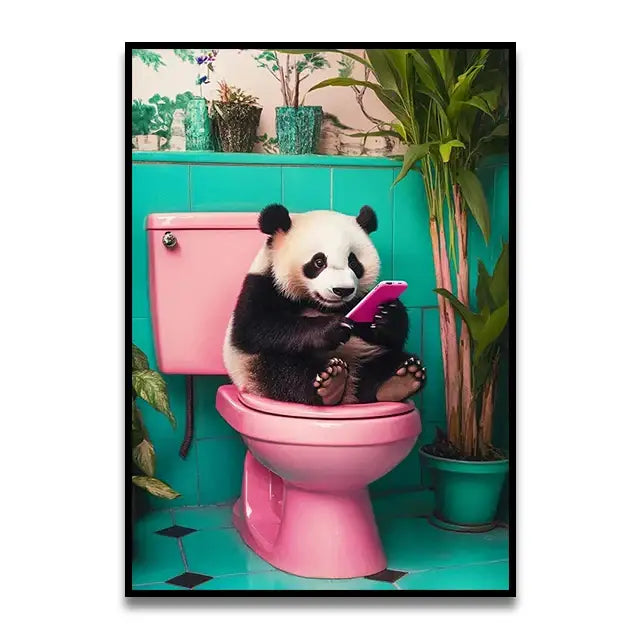 A whimsical black and white panda on a pink toilet using a pink smartphone in a DecorBites™ wall art print