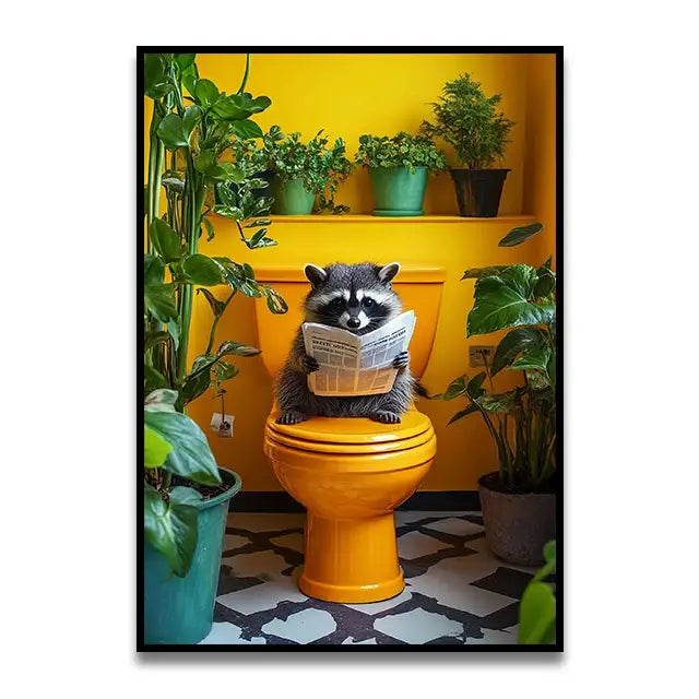 A whimsical decorbites™ funny cat wall art print of a raccoon on an orange toilet reading a newspaper
