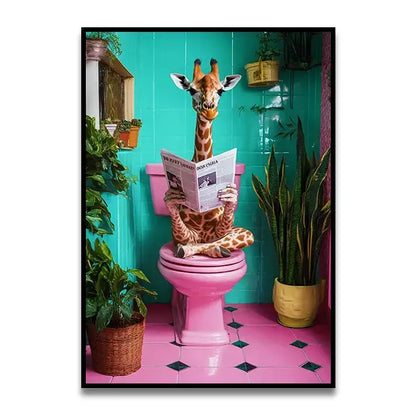 Decorbites™ funny cat bathroom wall art print featuring a giraffe on a pink toilet in a turquoise bathroom setting