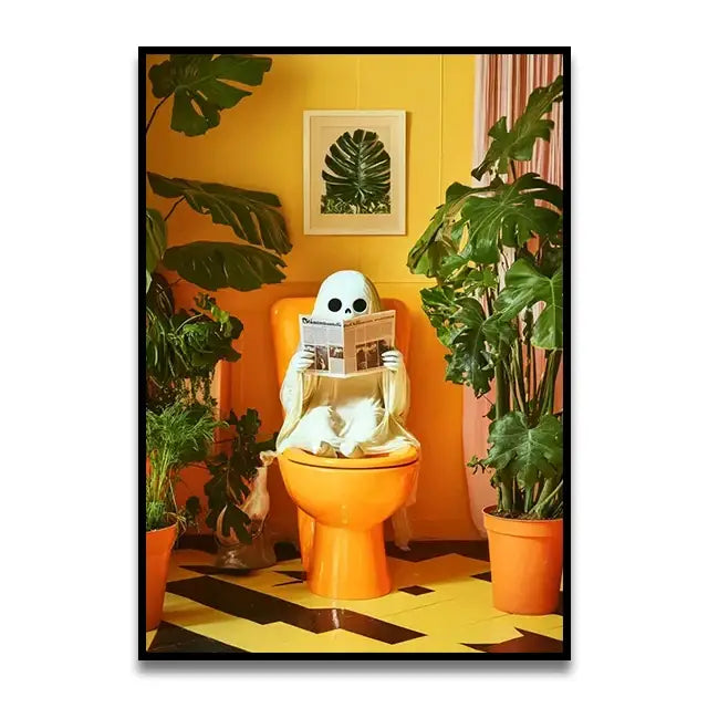 A whimsical ghost figurine with a white skull face on an orange toilet bowl in decorbites™ funny cat bathroom wall art print