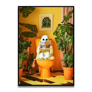 A whimsical ghost figurine with a white skull face on an orange toilet bowl in decorbites™ funny cat wall art print