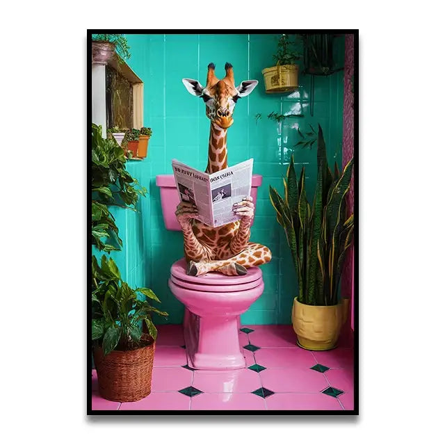 Decorbites™ funny cat bathroom wall art featuring a whimsical giraffe on a pink toilet in a turquoise toilet canvas