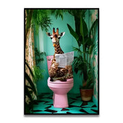 DecorBites™ funny cat bathroom wall art of a giraffe reading in a teal bathroom with plants highlights bathroom cat reading