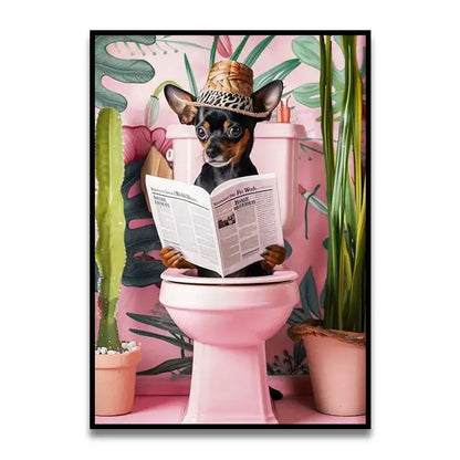 Decorbites™ funny cat reading on toilet wall art features a black and tan chihuahua in a straw hat holding a newspaper