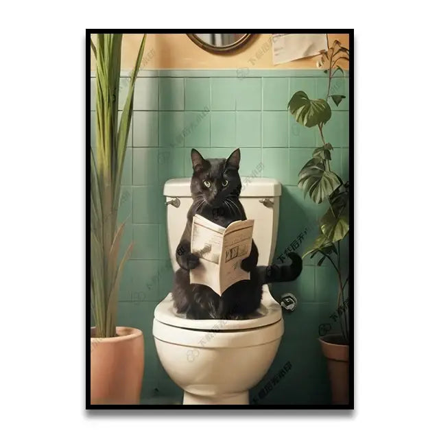 Decorbites™ wall art featuring a black cat reading a newspaper while sitting on a white toilet for bathroom cat reading decor