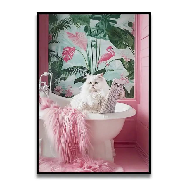 Decorbites™ funny cat reading wall art featuring a fluffy white cat in a pink bathtub for bathroom cat reading decor