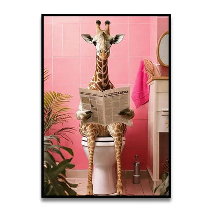 Framed decorbites™ wall art of a giraffe reading newspaper on toilet in pink tiled bathroom toilet canvas wall