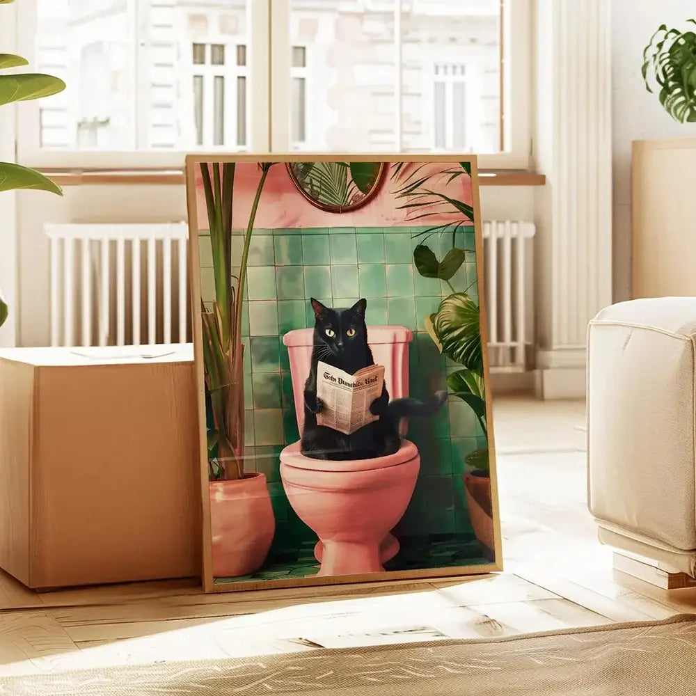 A framed DecorBites™ wall art of a black cat reading on a pink toilet with green tiles and tropical plants
