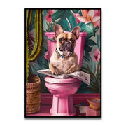 A charming french bulldog on a vibrant pink toilet in decorbites™ wall art for bathroom cat reading decor