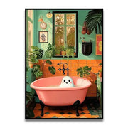 Pink clawfoot bathtub with black legs and smiling ghost figurine in decorbites funny cat reading toilet canvas wall art