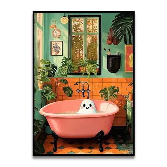 Pink clawfoot bathtub with black legs and smiling ghost figurine in decorbites funny cat reading toilet canvas wall art