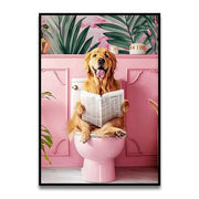 Decorbites™ funny cat reading on toilet wall art featuring a golden retriever reading newspaper on pink toilet