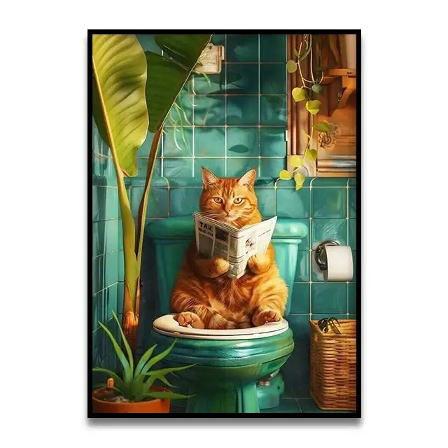 DecorBites™ wall art featuring a vibrant orange tabby cat reading newspaper on teal toilet for bathroom cat reading decor