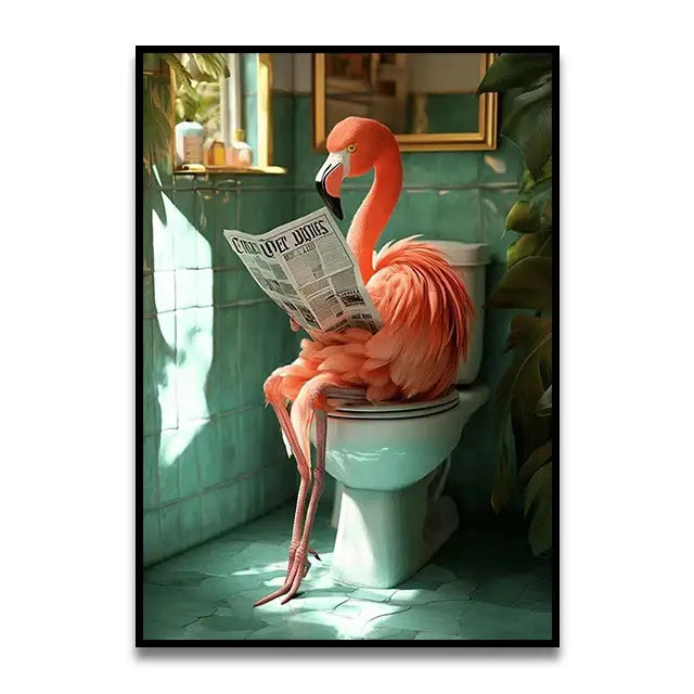 Decorbites™ funny cat reading wall art featuring a vibrant pink flamingo perched on a toilet holding a newspaper