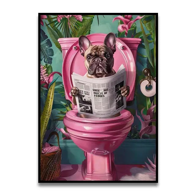 Decorbites™ funny cat reading on toilet wall art featuring a pink toilet with a fawn french bulldog reading bathroom cat reading