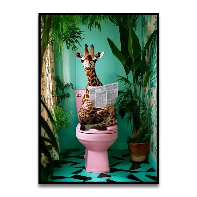 Decorbites™ funny cat reading on toilet wall art featuring a giraffe in teal bathroom with green plants and brown cream spots