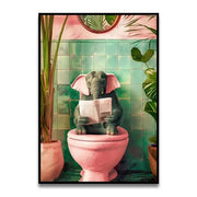 Decorbites™ funny cat reading on toilet wall art featuring a gray elephant sitting on a pink toilet in a bathroom setting