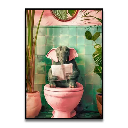 Decorbites™ funny cat reading wall art featuring a gray elephant on a pink toilet with newspaper and tropical plants background