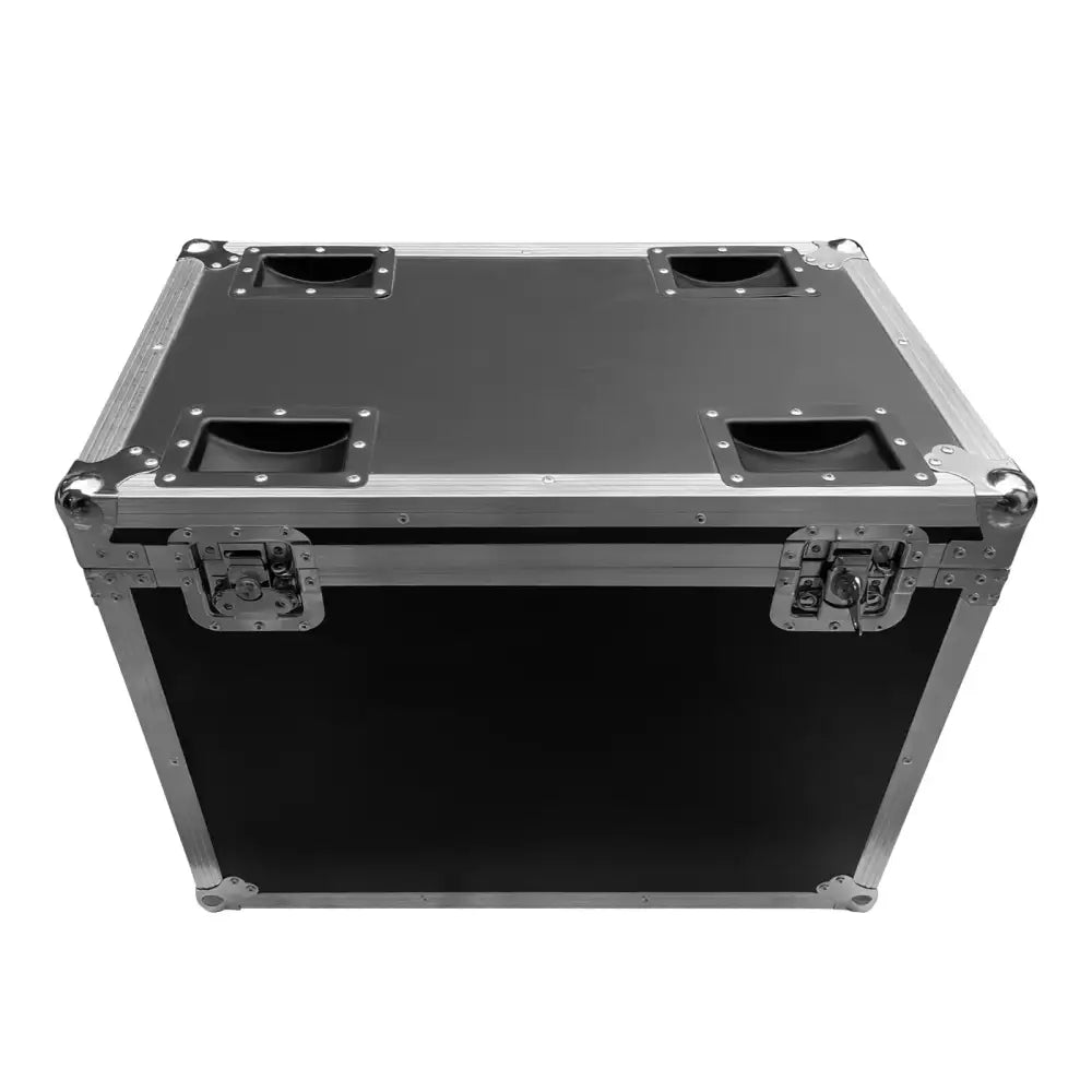 Black decorbites g-tour style case with silver aluminum edges and latches for stage light storage