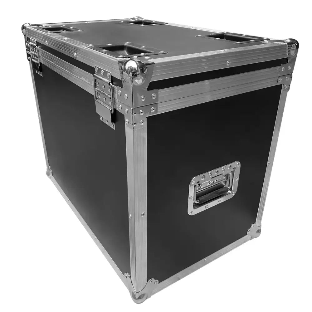 Black decorbites g-tour style case with silver aluminum framing and reinforced corners for stage light storage