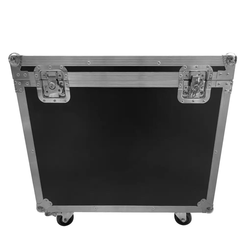 Black and silver decorbites g-tour style case with aluminum frame, locking latches, and caster wheels for stage light storage