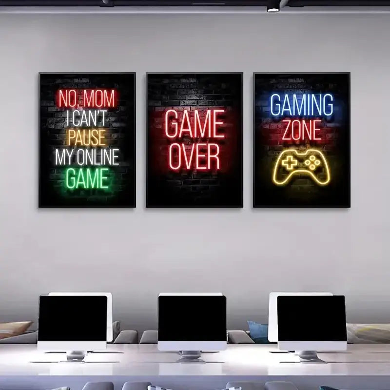 Three framed neon light posters with graffiti gamepad graphics in vibrant colors for gamer room decor by decorbites