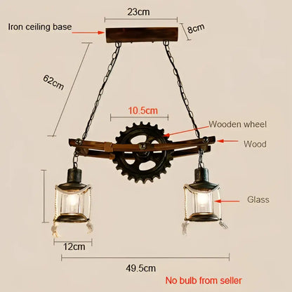 Decorbites gear industrial chandelier pendant with dark iron base wooden wheel glass lanterns and metal chains for dining room