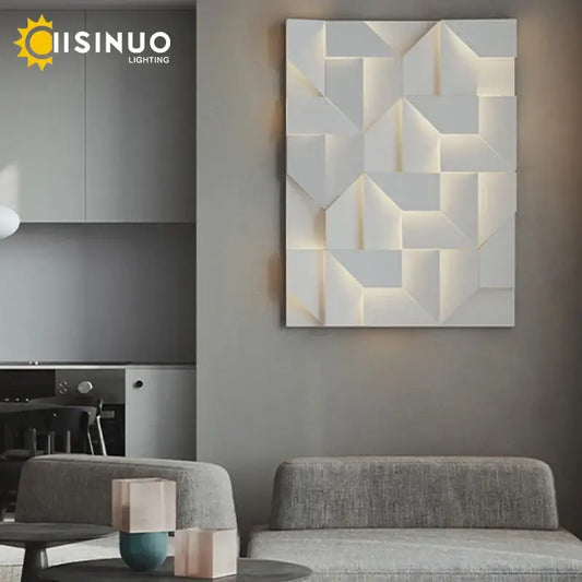 Decorbites geometric art white wall lamp with illuminated recessed panels for bedroom and living room decor