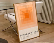 Minimalist geometric bauhaus canvas poster with concentric orange squares palm leaf silhouette and bauhaus archiv text