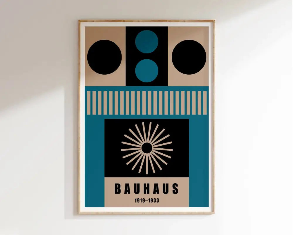 A framed decorbites™ geometric bauhaus canvas poster with teal black and beige tones for modern home decor