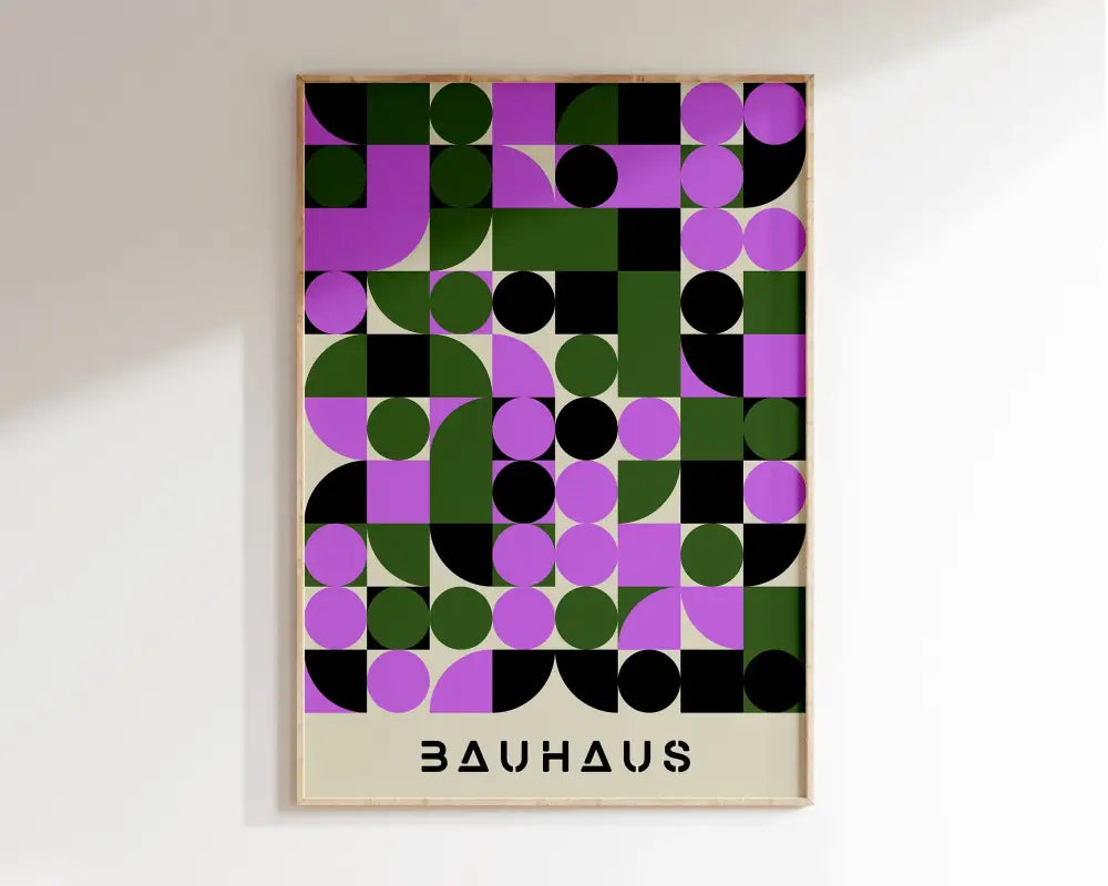 A framed decorbites™ geometric bauhaus canvas poster with purple green and black shapes on off-white background