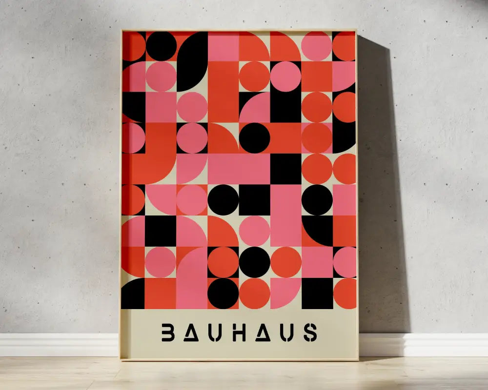 Decorbites™ geometric bauhaus canvas poster featuring overlapping pink orange and black circles on cream background