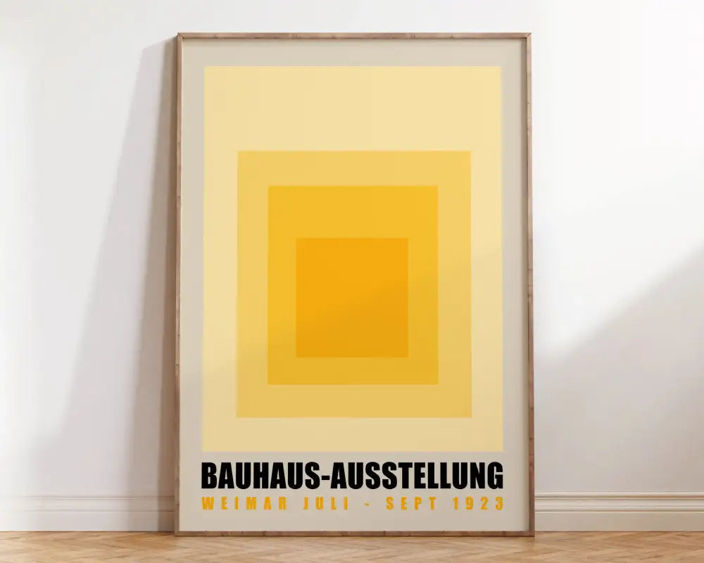 Minimalist bauhaus canvas poster with concentric yellow squares and bold black text for stylish home decor by DecorBites