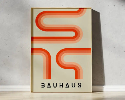 Minimalist bauhaus canvas poster with bold gradient orange and cream lines on beige background for home decor