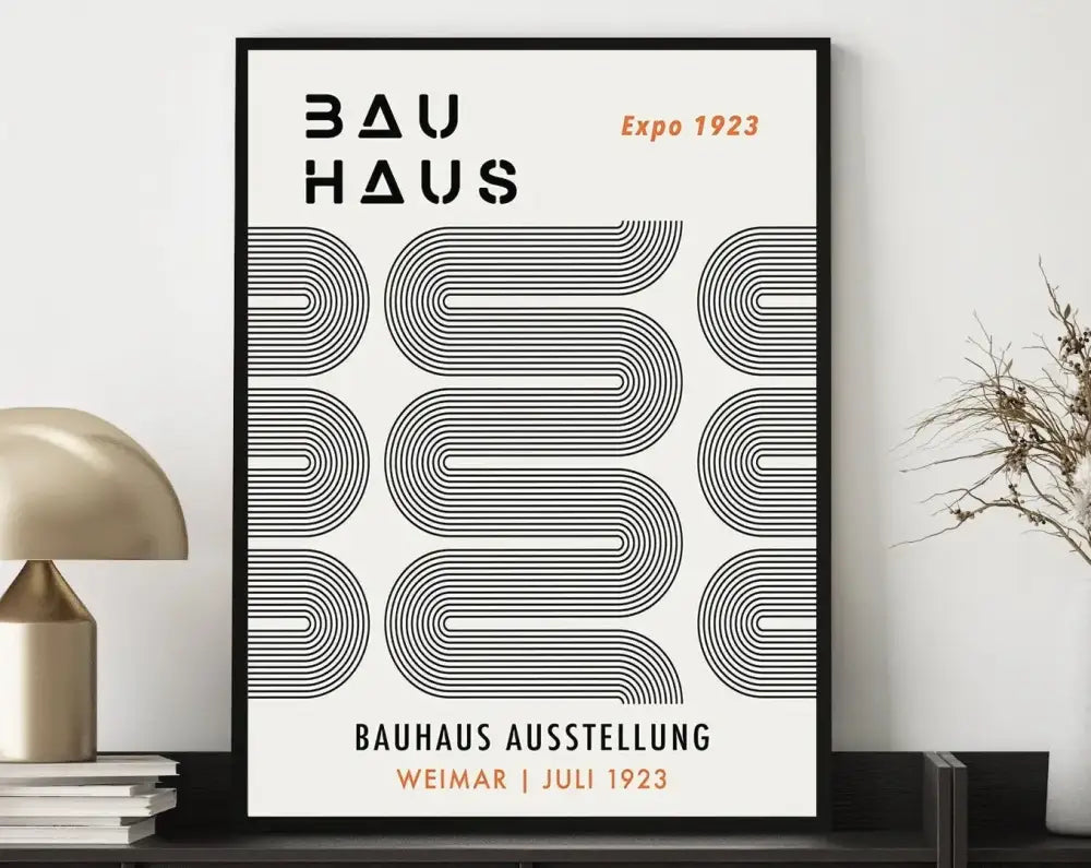 Black-framed geometric bauhaus canvas poster with bold text and orange expo 1923 on cream background by DecorBites