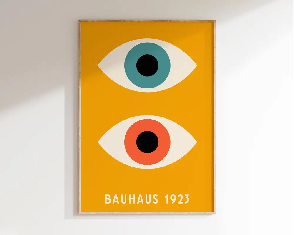 Minimalist geometric bauhaus canvas poster featuring two stylized eyes with teal and orange irises on mustard yellow wall art