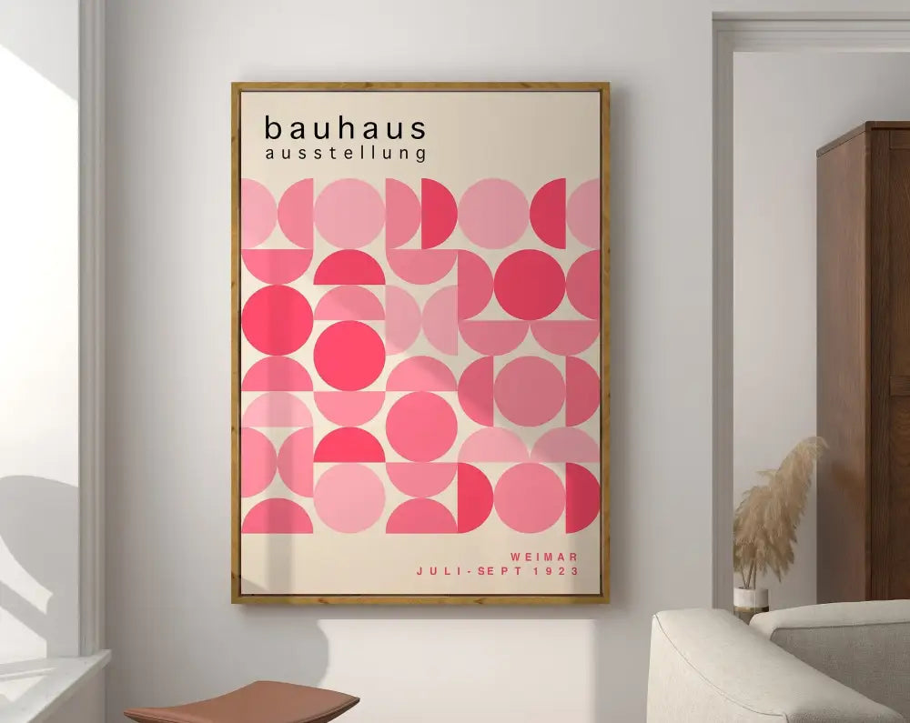 Framed decorbites™ geometric bauhaus canvas poster with pink circles and juli-sept 1923 text modern wall art