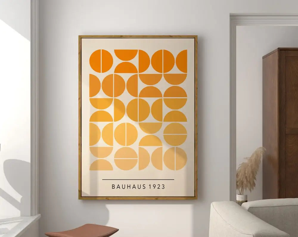 Framed decorbites™ geometric bauhaus canvas poster with orange and yellow circles on off-white background for modern decor