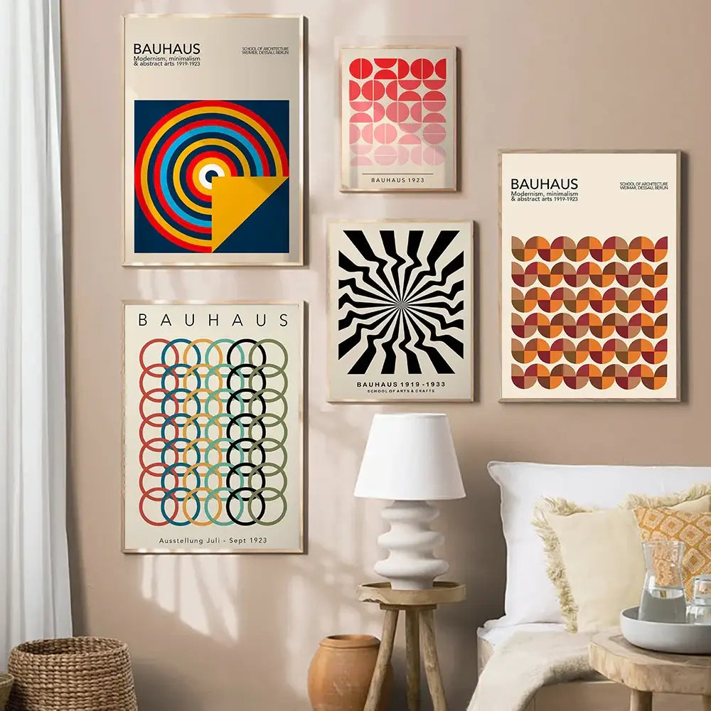 Set of five decorbites™ geometric bauhaus canvas posters featuring bold colorful patterns on cream backgrounds