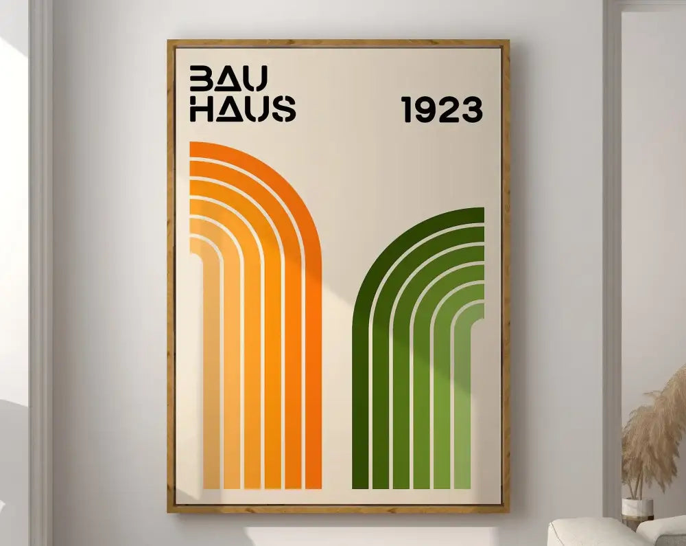 A framed geometric bauhaus canvas poster with bold orange and green stripes for retro home decor by decorbites