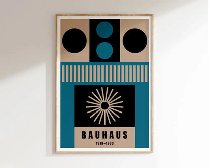 A framed decorbites™ geometric bauhaus canvas poster featuring a teal black and beige geometric design for retro home decor