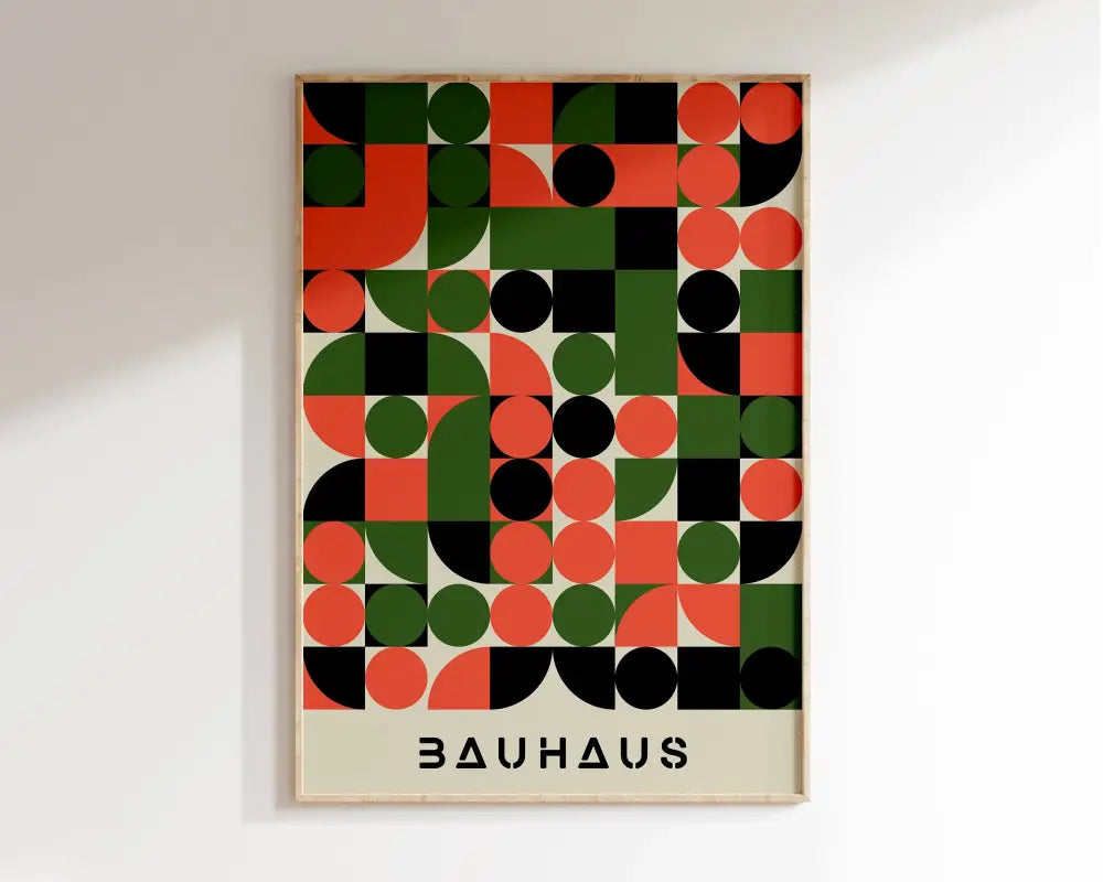 A framed decorbites™ geometric bauhaus canvas poster with bold red green and black overlapping circles on off-white background