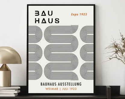 Black-framed geometric bauhaus canvas poster with bold black text and orange expo 1923 on cream background by decorbites
