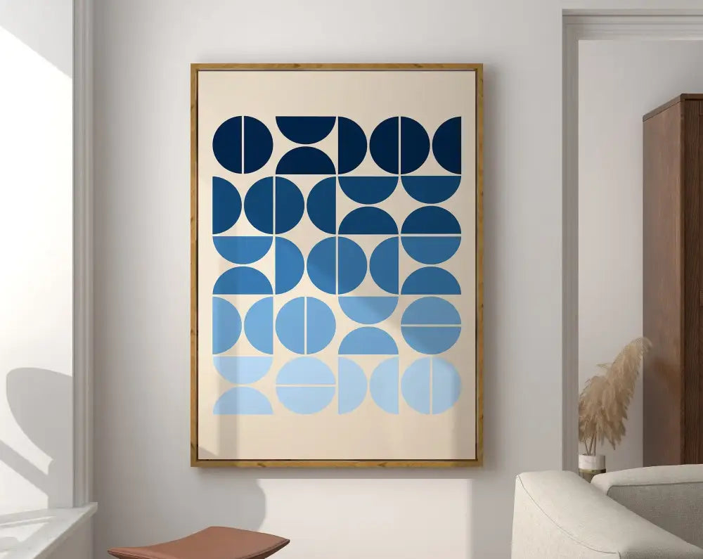 DecorBites™ geometric bauhaus canvas poster featuring blue circular shapes in light wood frame for mid century wall art